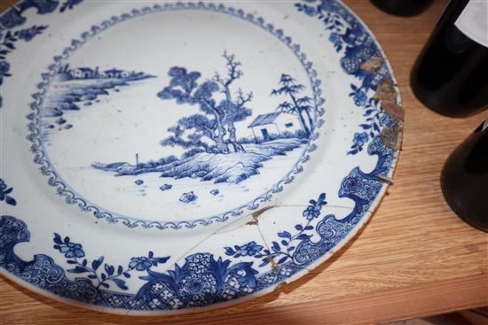 An 18th century Chinese blue and white charger and a 19th century Chinese blue and white soup bowl and cover charger diameter 35cm